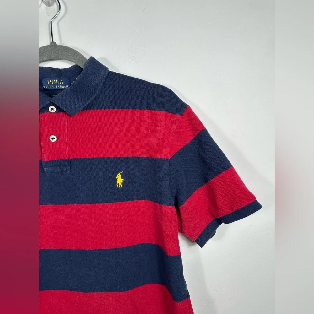 Polo Ralph Lauren Custom Fit Polo Shirt Mens L Red Navy Stripe Yellow Pony